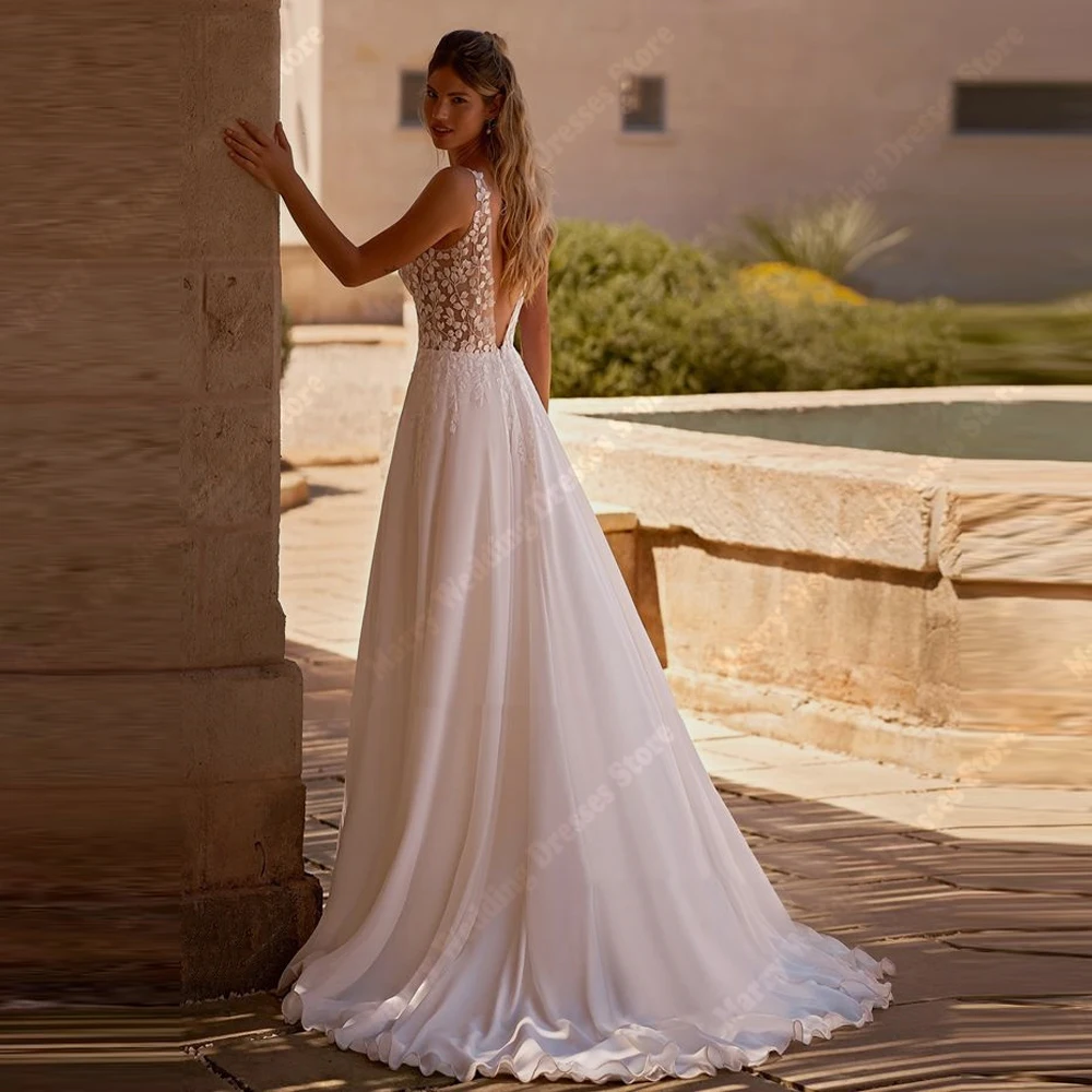 2025 Modest A-Line Women Wedding Dresses Fashion V-Neck Lace Flower Printing Bridal Gowns Sleeveless Vestido De Novia Customized 2