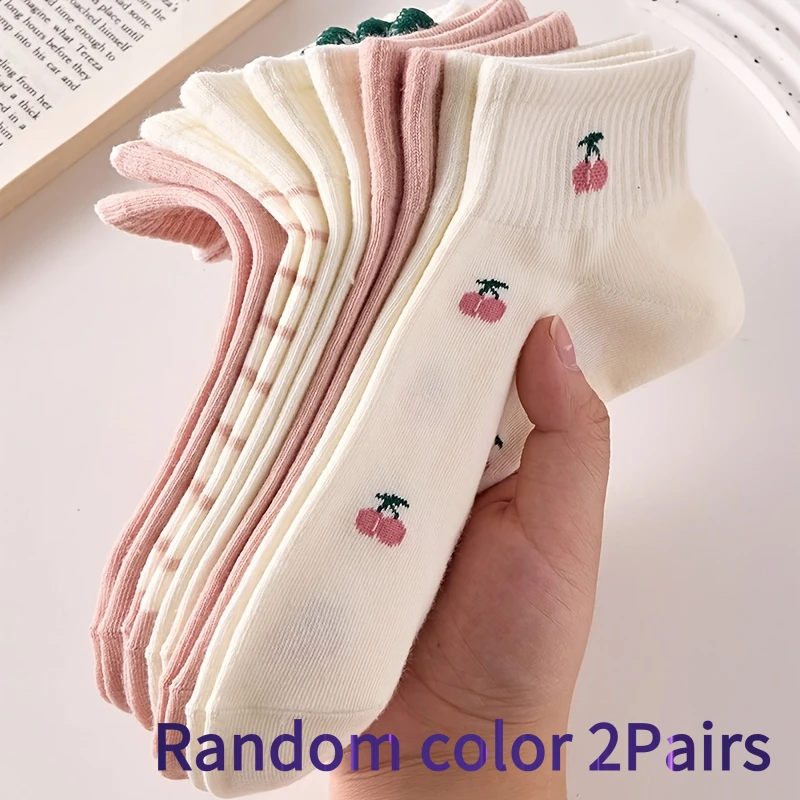 Charming Women's Socks Double Pack - Cute Cherry, Strawberry & Rabbit Designs, Comfortable & Breathable