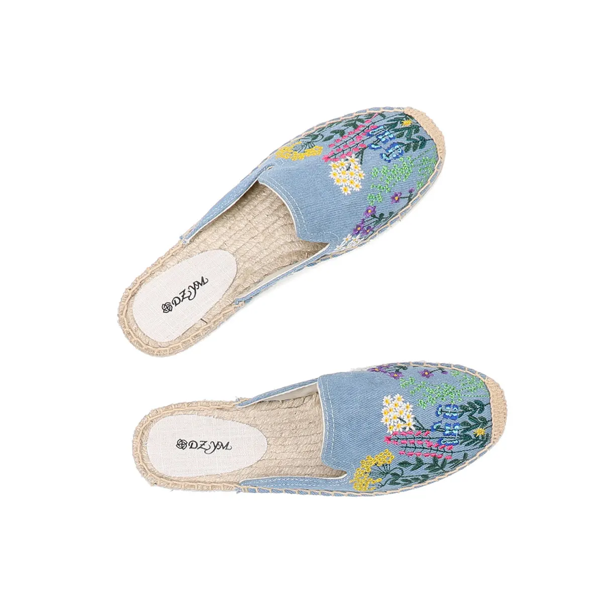 Ladies Summer Fashion Toe Slippers Sandals Flat Comfortable Breathable Slip-On Espadrilles Denim Floral Embroidered Mules