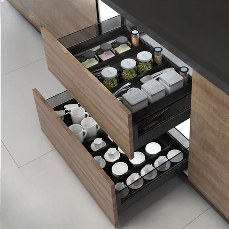 

Kitchen cabinets with all aluminum partitions, three sides and four sides, bowl and basket drawers, open door pull baskets