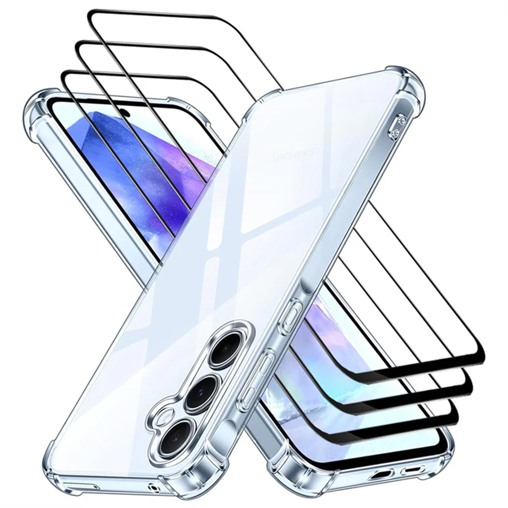 

4-in-1, Case + 3 Glass for Samsung A35 A55 5G Soft Clear Shockproof Silicone Phone Cases A55 5G Cover Samsung Galaxy A35 5G Case