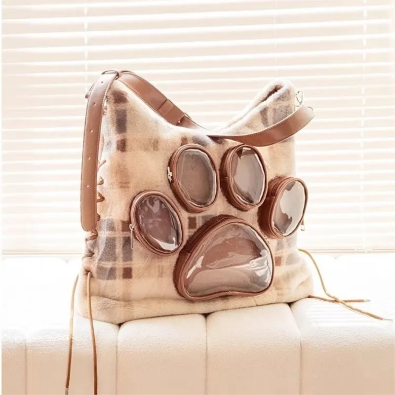 JIAERDI Sweet Cute Cat Claw Backpack Women Plush Soft Large Capacity Handbag Messenger Bag Female Transparent Mochila Aesthetic