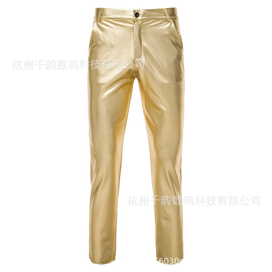 

Shiny Straight Pants Mens Fashion Trousers PU Suit Pants Button Cardigan Pants Men Slim Trousers Halloween Party Costumes