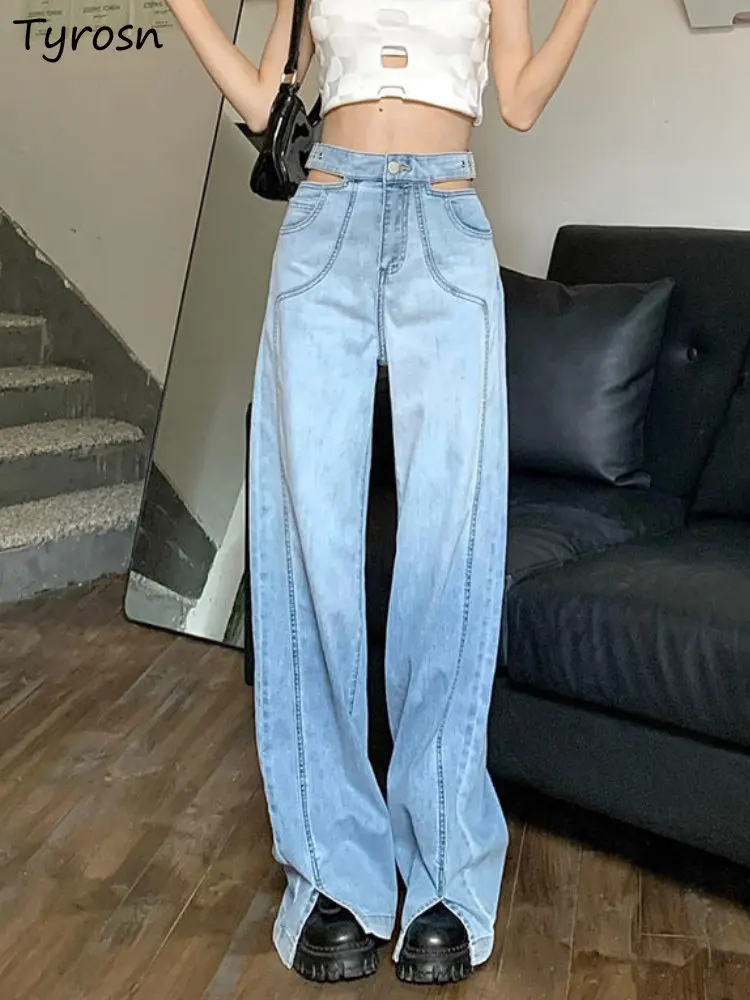 

Джинсы женские с креативным вырезом, Модные Винтажные Универсальные джинсовые брюки в Корейском стиле для отдыха, подчеркивающие индивидуальность, в стиле ампир, на лето