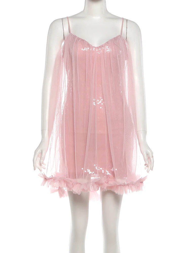 Nibber Tierred Mesh Sequin Patchwork Dress Women Sexy Sweet Sleeveless Low-Neck Midnight Party Clubwear Hottie Chic Mini Bodycon