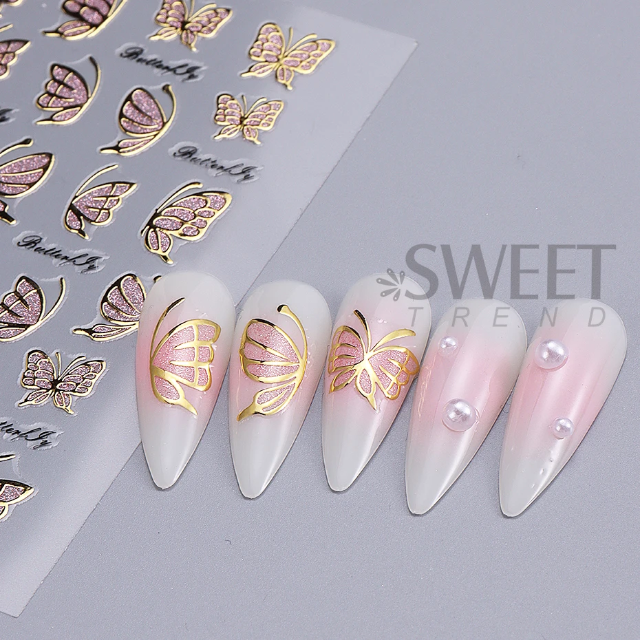 2pcs Gold Butterfly Nail Art Stickers 3D Golden Border Butterfly DIY Self Adhesive Decals Elegant Design Sliders Manicure Decor