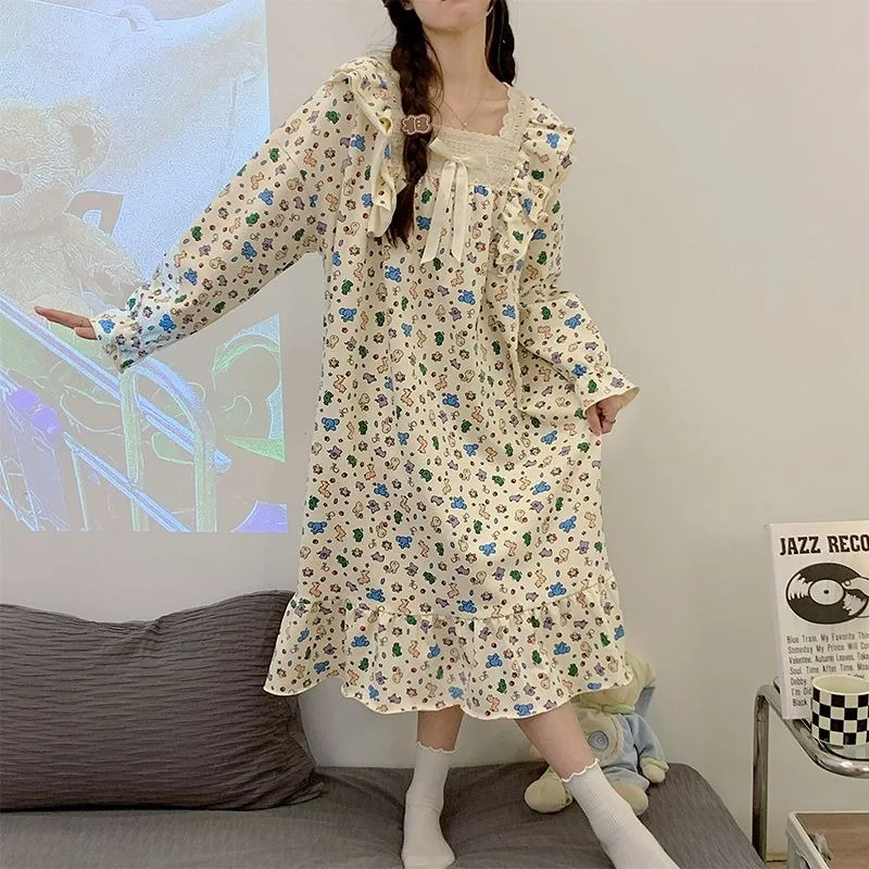 Nightdress Women Spring Autumn Long Sleeve Cotton Mid-Length Nightdress Female Sweet Round Collar Loose Casual Sleepshirt 2024