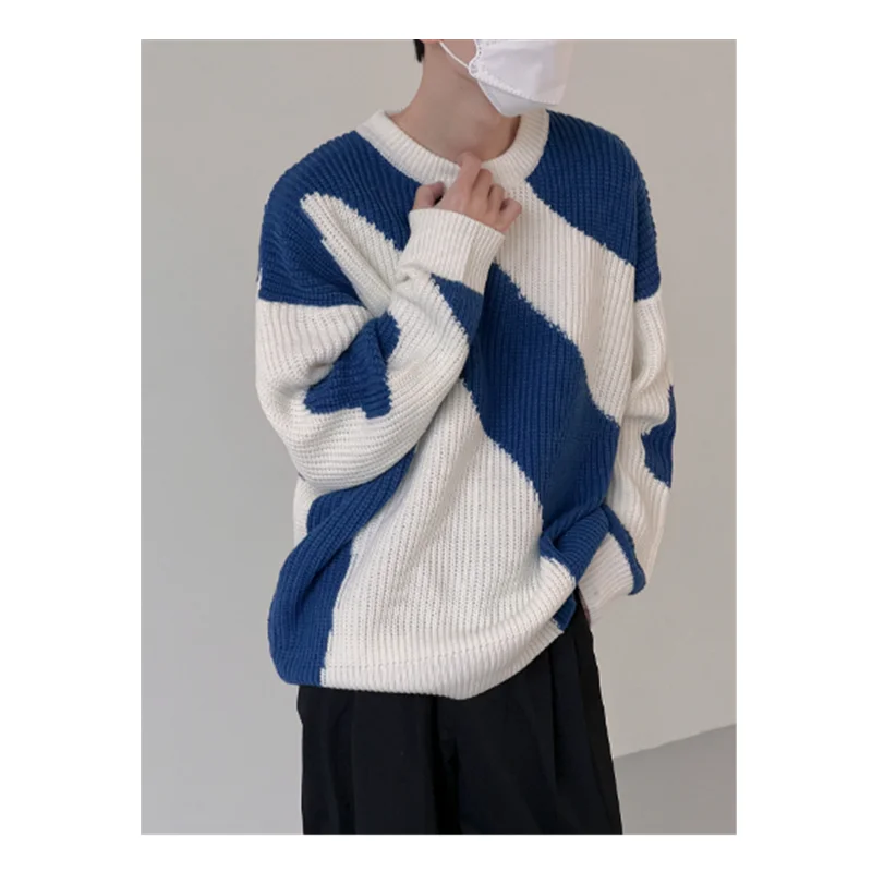 Autumn and Winter Round Neck Sweater Men's Slouchy Cow Contrast Pullover Knit Loose Casual Large Korean Autumn Top K0009