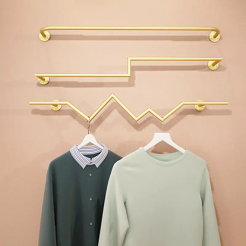 2 Pieces Gold Clothing Store Hanger Metal Shelves Coat Dress Suits T Shirt Display Racks Wall Mounted Hanging Tools Saving Space