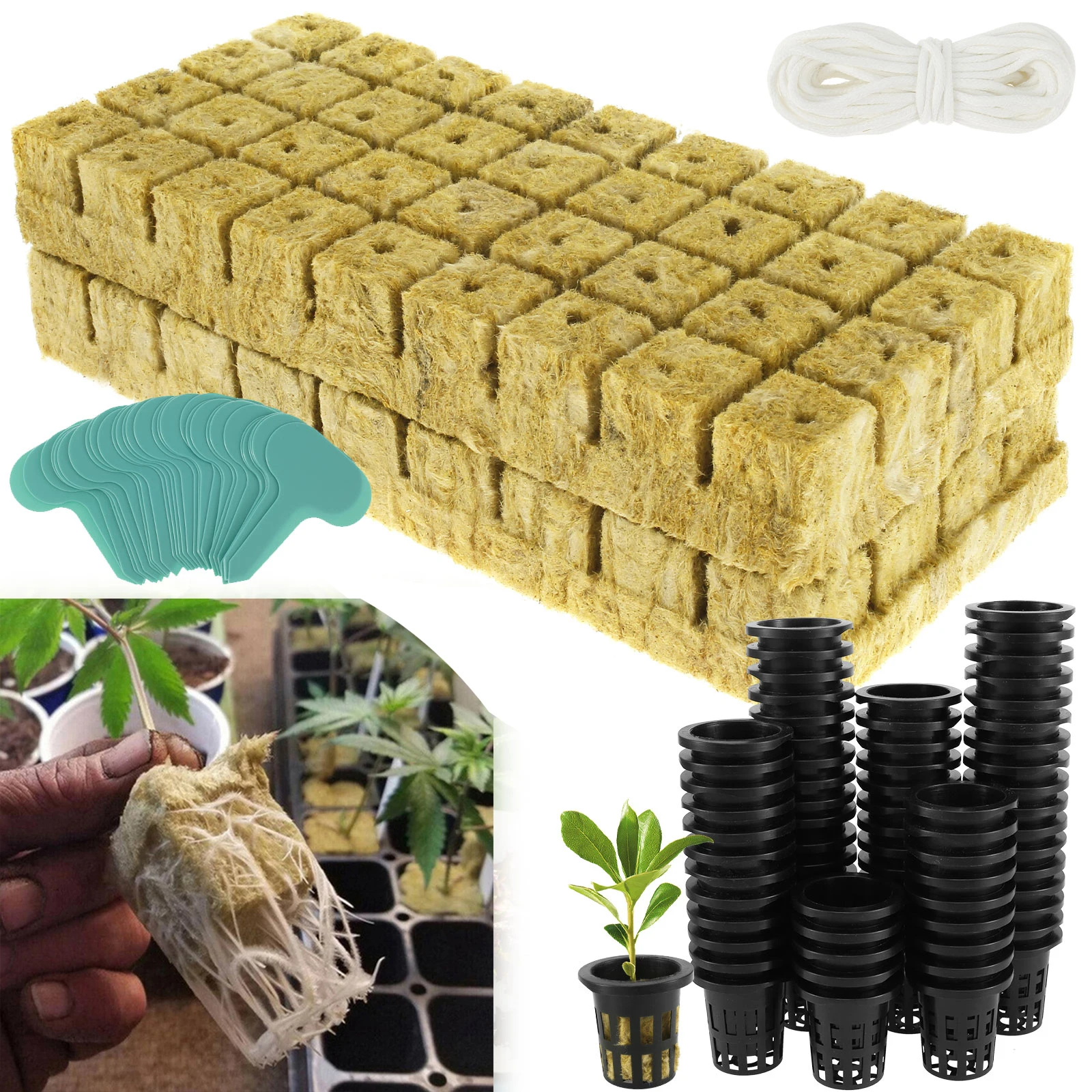 72 Set Rock wool Cubes Hydroponics 1.5inch Rock Wool Planting Cubes Absorption Hydroponics Mesh Net Cup Kit Home hydroponic grow media cubes hydroponics growing kit hydroponic garden kit hydroponic plant kits