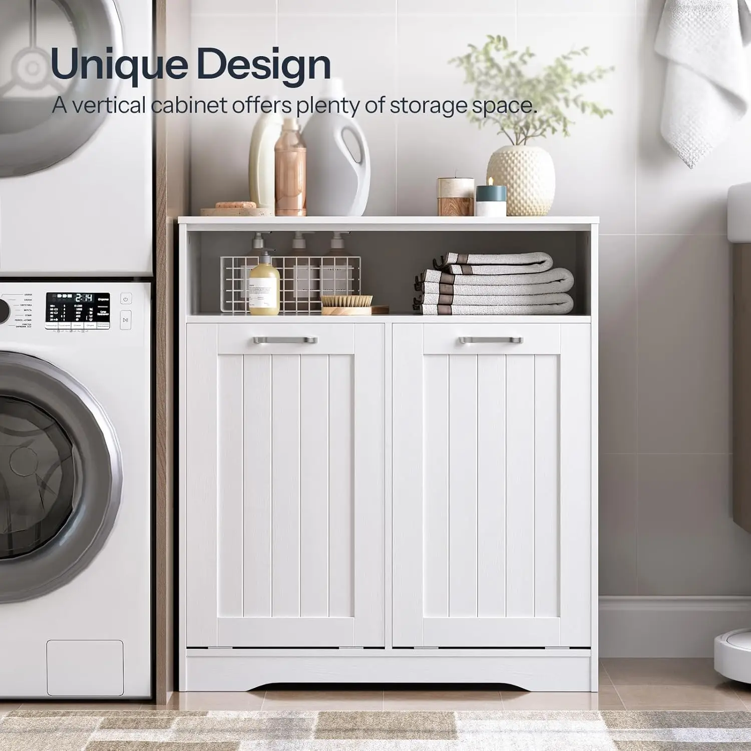 Double Tilt Out Laundry Hamper Cabinet with Open Shelving and 2Removable Baskets Farmhouse Bathroom Cabinet with Hidden Laundry