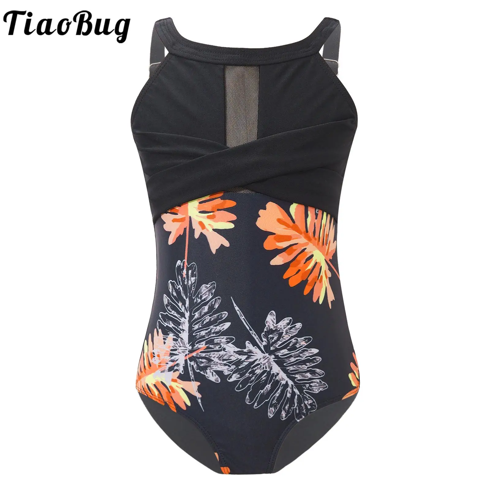 

Kids Girls Tropical Print Sleeveless Beach Swimwear Athletic Quick Dry One Piece Swimsuit Watersports Bathing Suit for Pool