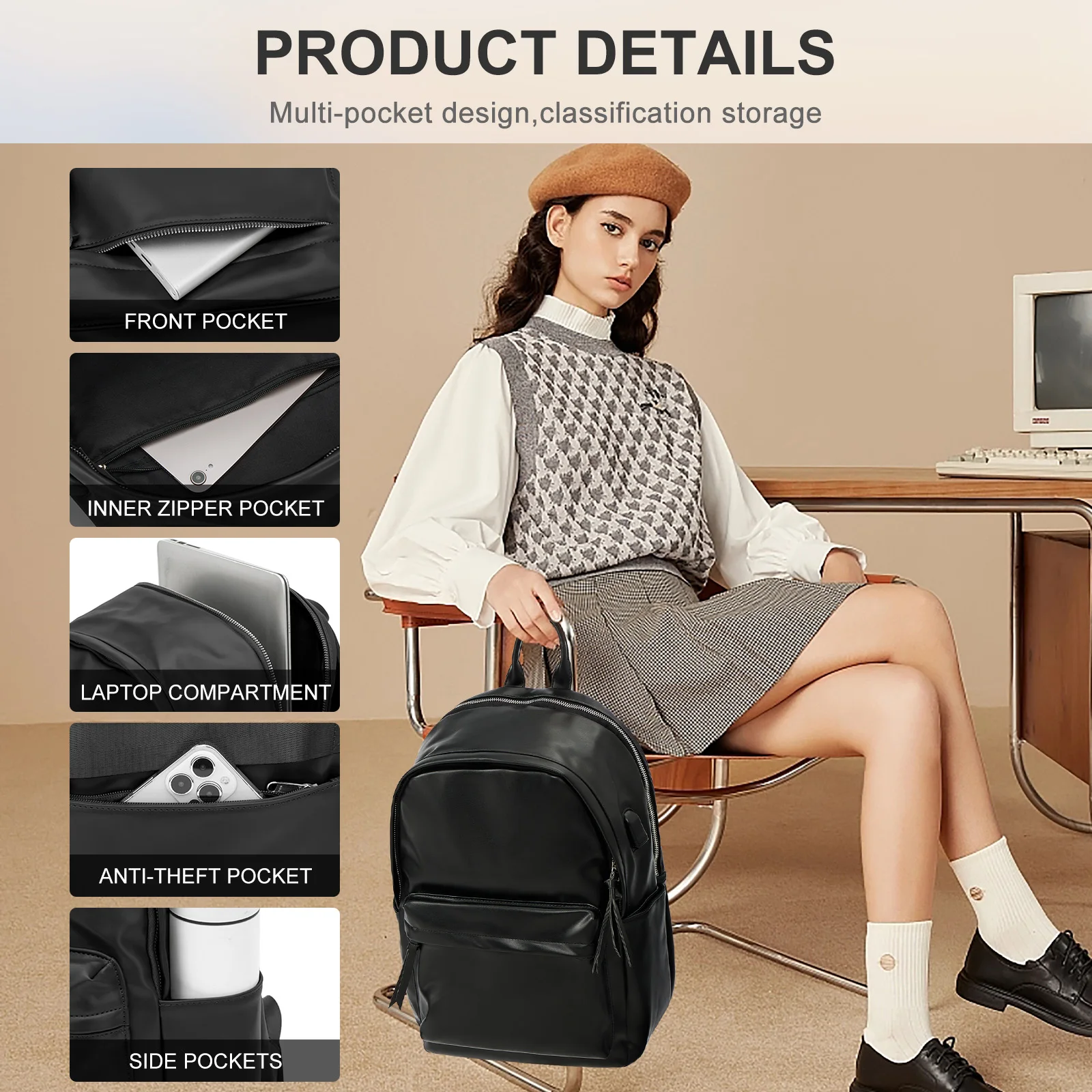 Leather Women's Backpack, Business Laptop bag, Durable Simple Lightweight Backpack for Women's Commuting, College Girl  Backpack