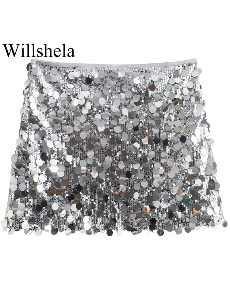 

Skirt Vintage High Waist Female Chic Lady Skirts Women Fashion With Sequined Silver Side Zipper Mini