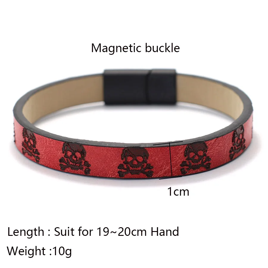 Leather Gothic Skull Men Bracelet with Magnetic Buckle