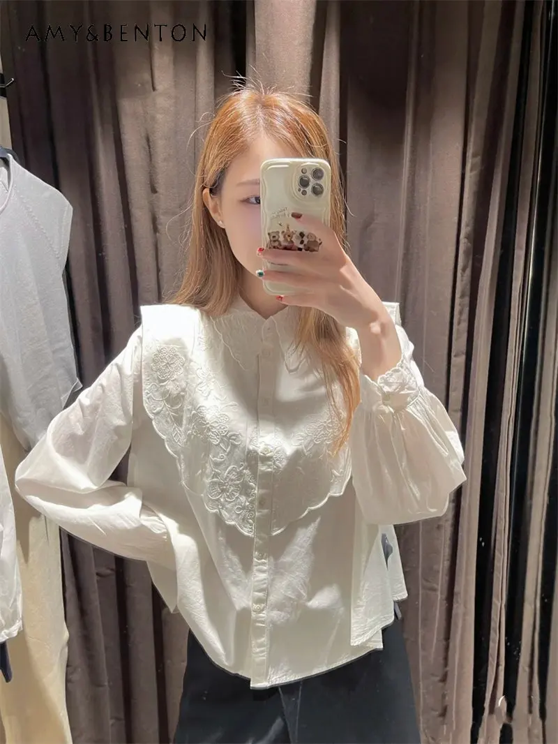 Women's New Loose Tops Sweet Doll Collar Laminated Decoration Jacquard Long-Sleeved Shirt Spring Autumn White Blouse