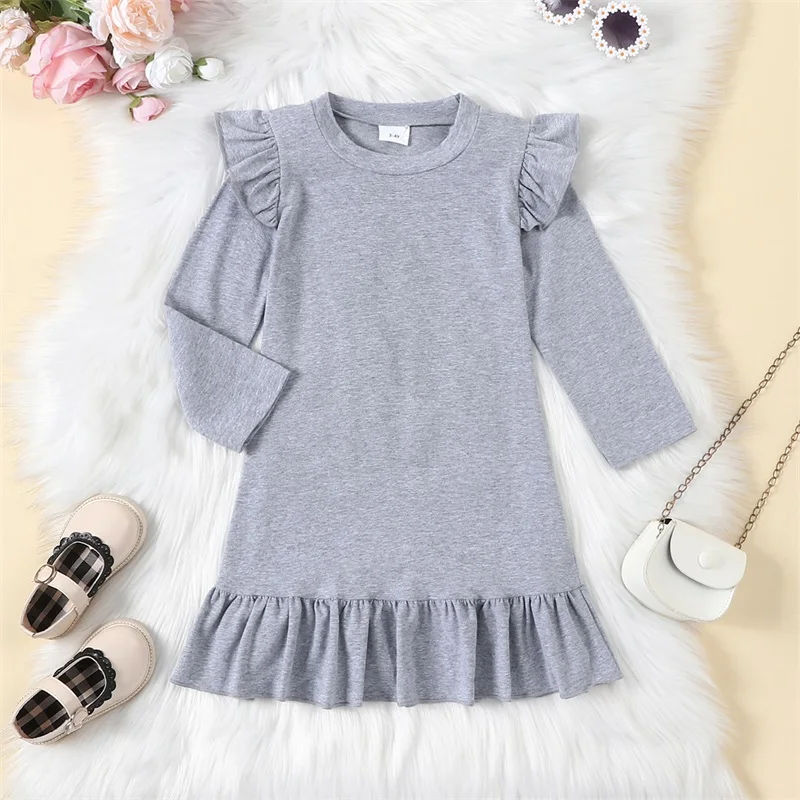 

Toddler Girls Autumn Casual Dress Solid Color Long Sleeve Crewneck Ruffle Dress