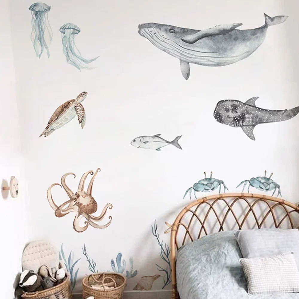 Underwater World Fish Wall Decal Sea Animals Wall Sticker Waterproof Peel&Stick for toilet Boy's Children Kids Room Home Decor wall stickers toilet stickers