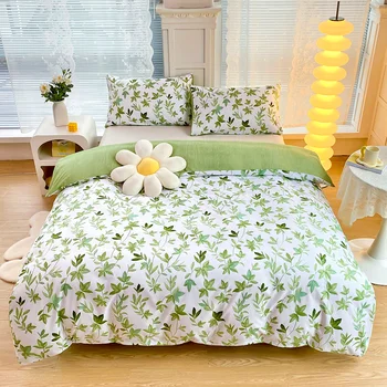 2/3pcs Set Green Flower Print Duvet Cover with Pillow Case Nordic Comforter Bedding Set Quilt Cover Queen/King Double Bed