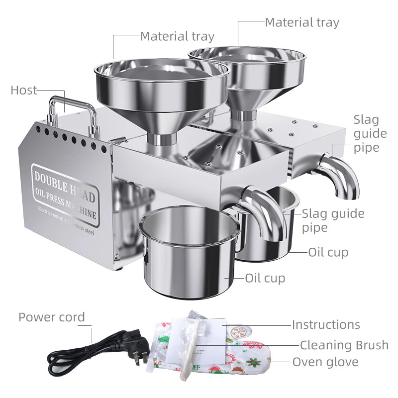 B02 New Double Head Oil Press Commercial Stainless Steel High Extraction Rate Press Flaxseed Sunflower Seed Coconut Meat