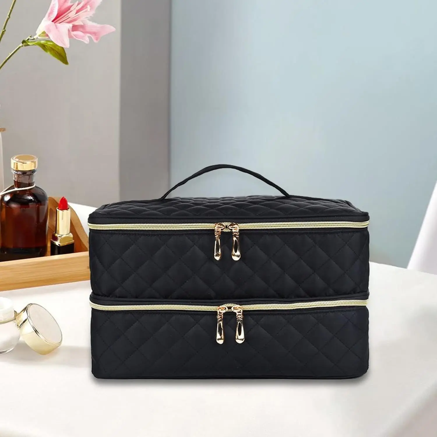 업그레이드된 이중 레이어 매니큐어 도구 키트 오거나이저, 휴대용 네일 광택제 정리함 케이스, 손잡이가 있는 여행 가방