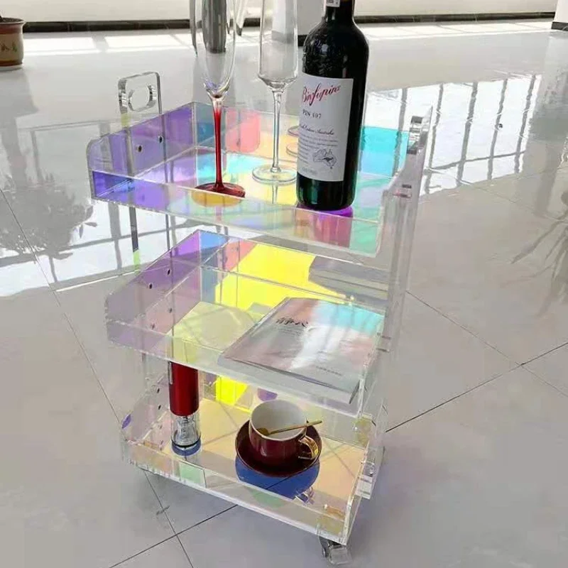 Rotatable Rainbow Luxury Acrylic Living Room Sofa Side Edge Coffe Table Transparent Mobile Tea Table Trolley Storage Rack