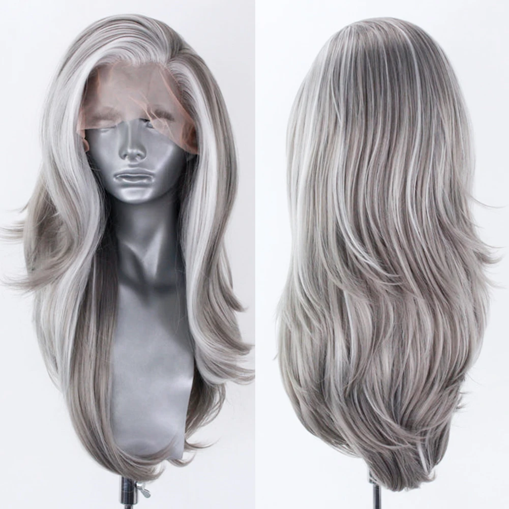 AIMEYA Synthetic Lace Front Wig Highlight White/Gray Lace Wigs for