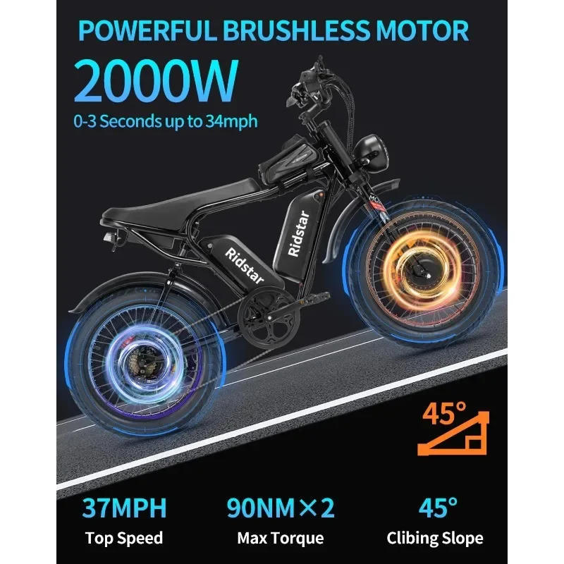 1000/2000W, 25/30/37MPH,48V-52V, 20AH,40AH Battery, Max 50-180 Miles Electric Motorcycle, 20" Fat Tire Dirt