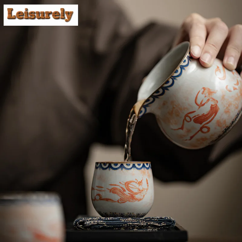 60ml Imitation Song Ru Kiln Porcelain Teacup Dunhuang Apsaras Pattern Master Cup Dargon Egg Cup Mugs Kung Fu Tea Set Gift Box
