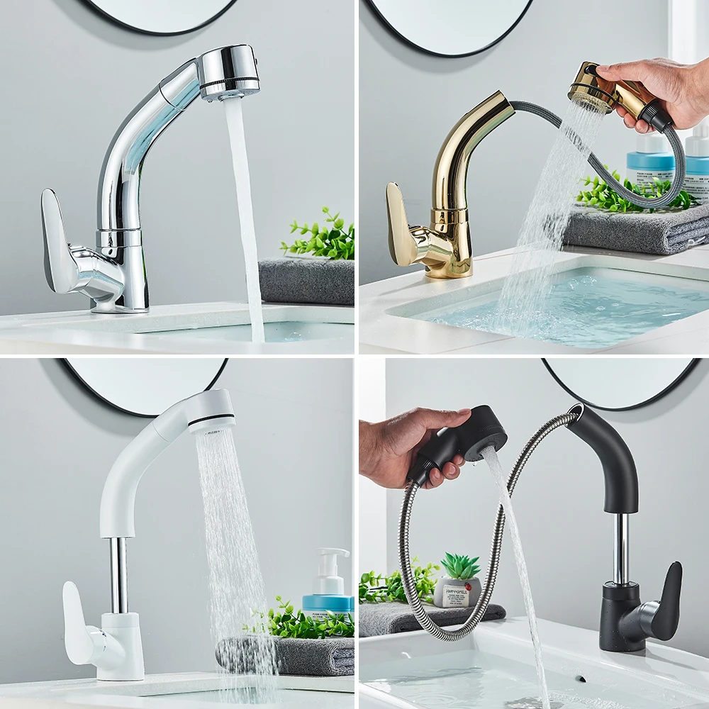 Pull Out Bathroom Sink Faucet Hot and Cold Water Mixer Crane Lift Up and down Chrome 360 Degree Water Mixer Tap Black basin faucet,bathroom faucet