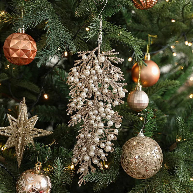 Champagne Colour Shaped Pendant Sticky Powder Pearl Plastic Cypress Leaves Christmas Tree Hanging Decorations Christmas Ornament