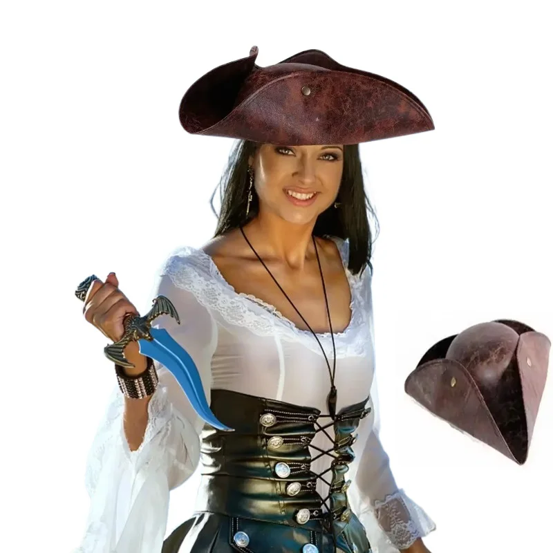 Artificial Leather Pirate Hat Captain Hat Vintage Button Masquerade Costume Man Woman Photography Props yacht captain hat