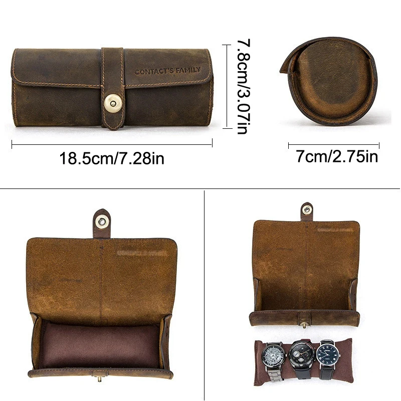 Leather Watch Box uxury Handmade Watch Roll Box Organizer 3 Slots Travel Leather Case Holder Storage