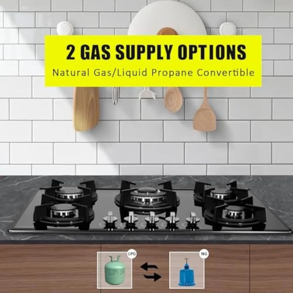 Gas Cooktop 30 Inch, Built-in Tempered Glass Gas Stovetop 5 High Efficiency Burners Stove Top Propane