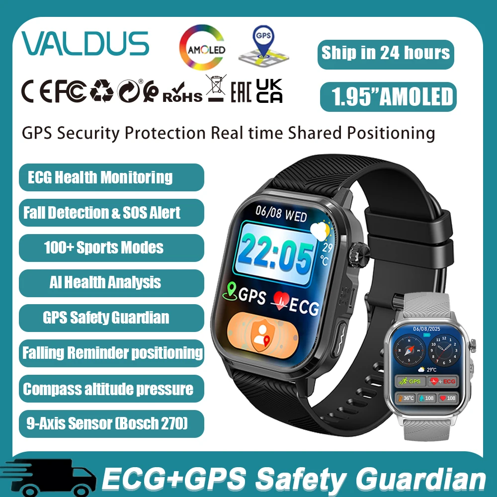 VALDUS CARDIGO Smartwatch AMOLED GPS+ECG Uomo Donna SOS Localizzazione in tempo reale Salute AI Sensore a 9 assi Sport Nuovo Smartwatch 2026