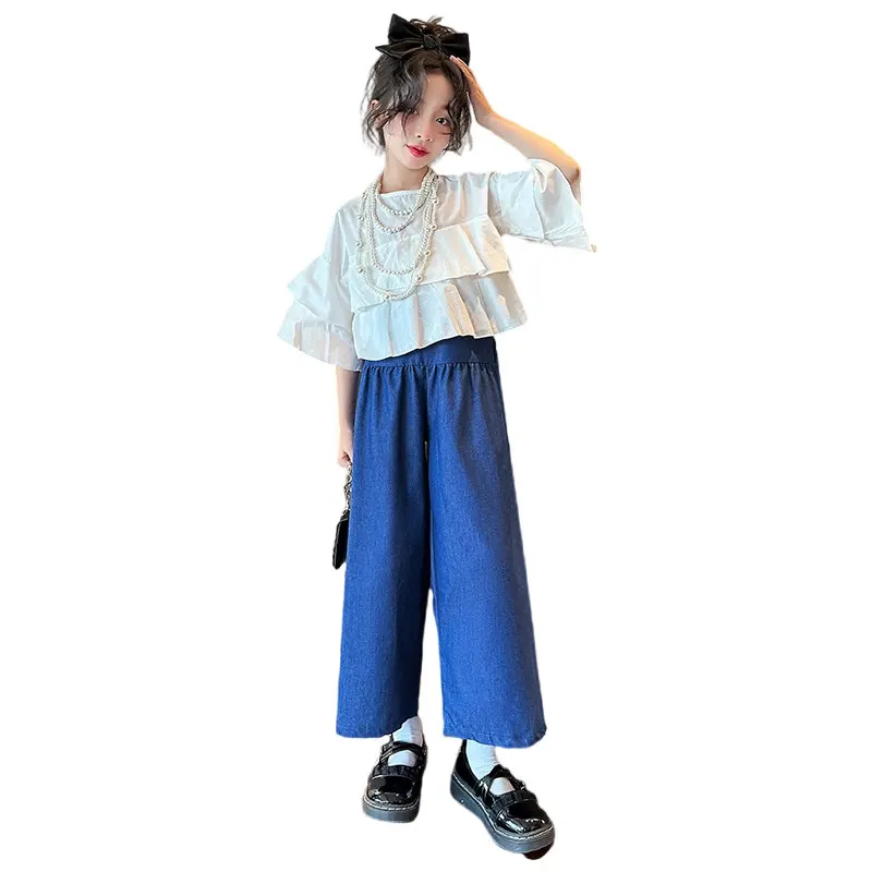 

Summer Teen Girls Clothes Set 8 10 12 14 Years Old Streetwear Loose 2pcs Ruched Top and Blue Wide Leg Pants Girls Korean Outfits