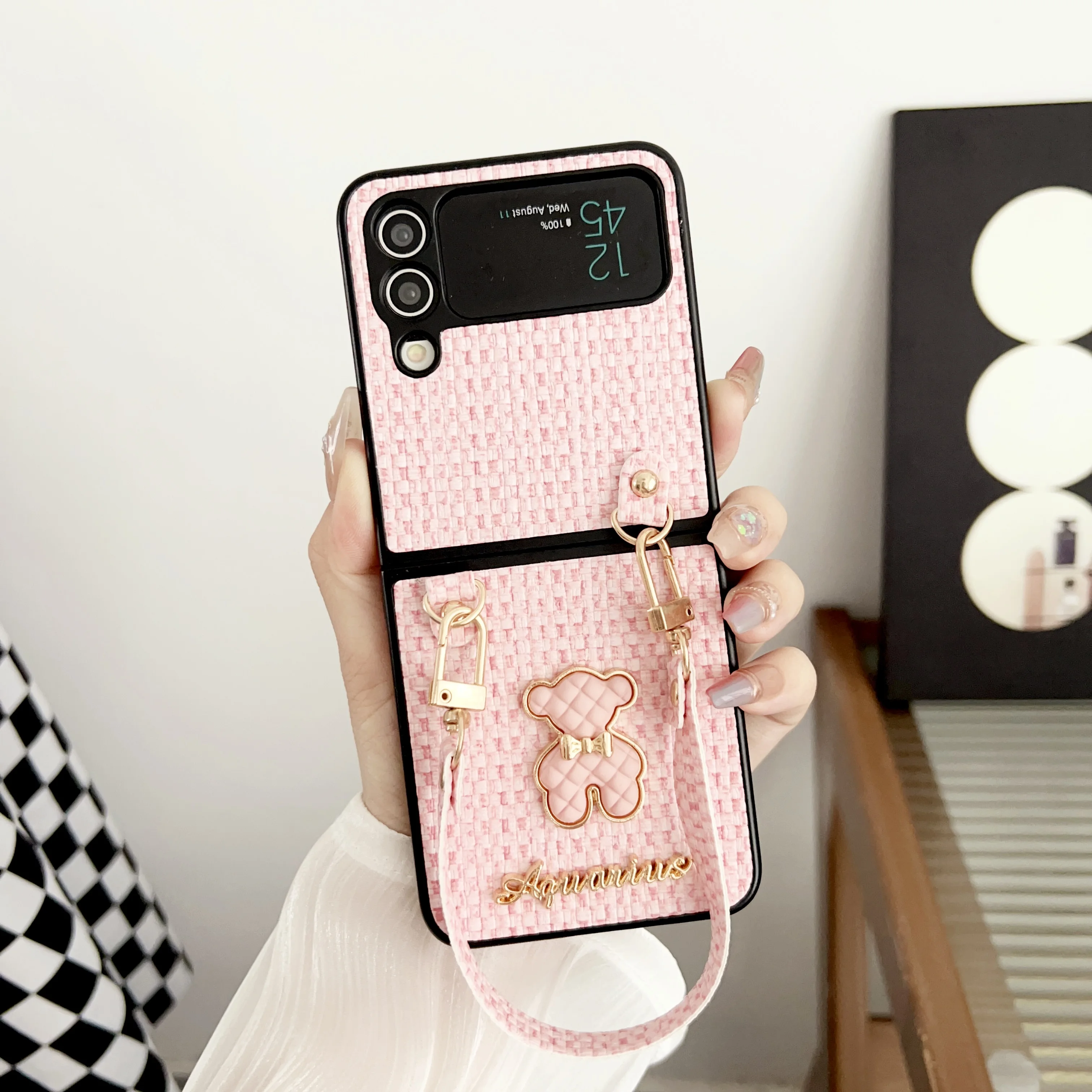 

For Samsung Galaxy Z Flip 4 3 Case Cute Bear Colorful Painted With Bracelet Shockproof Folding Back Protection Cover Accessories