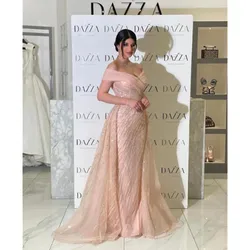 Aleeshuo Exquisite Tulle Prom Dresses Off The Shouleder Ruffles Beading Sequined Evening Party Dresses Backless Long Prom Gown