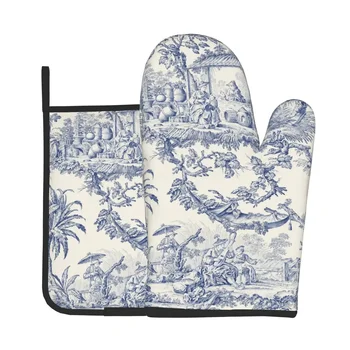 Francese Toile De Jouy Motivo Blu Navy Guanti da forno resistenti al calore e presine Set Guanti da forno per barbecue Cottura Cottura Grigliare 1