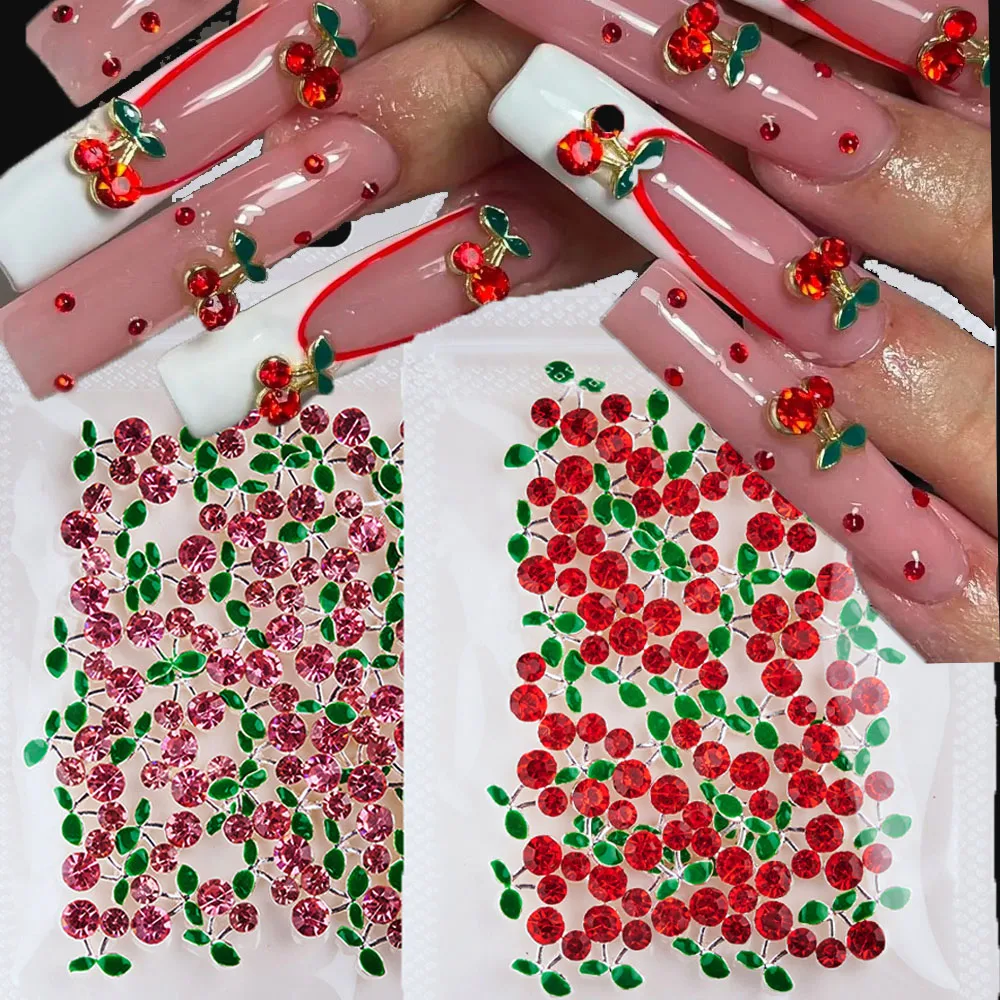 20 Stücke 3D Rot/Rosa Kristall Kirsche Nagel Charms Gold/Silber Metall Kirsche Nail art Strass 10x14mm Glänzende Legierung Kirsche Nagel Teile – Detail 1