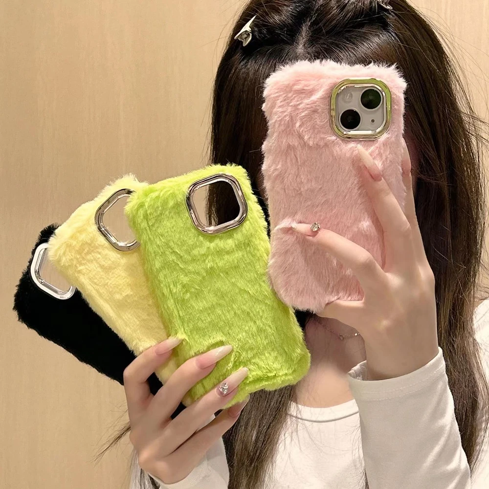 

Чехол для IPhone 15, Осень-зима, простой однотонный милый плюшевый чехол карамельного цвета для IPhone 14, 13, 12 Pro, цветной чехол для объектива