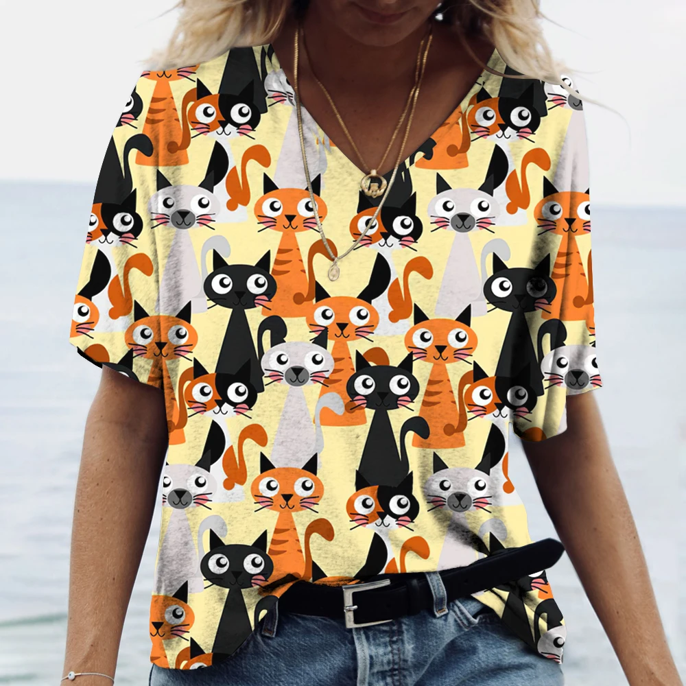 

Women's T-Shirt Cartoon Cat Print Summer Short Sleeve V-Neck Kawaii Fashion Casual Tee Shirts Kitten Funny Femininity Clothing