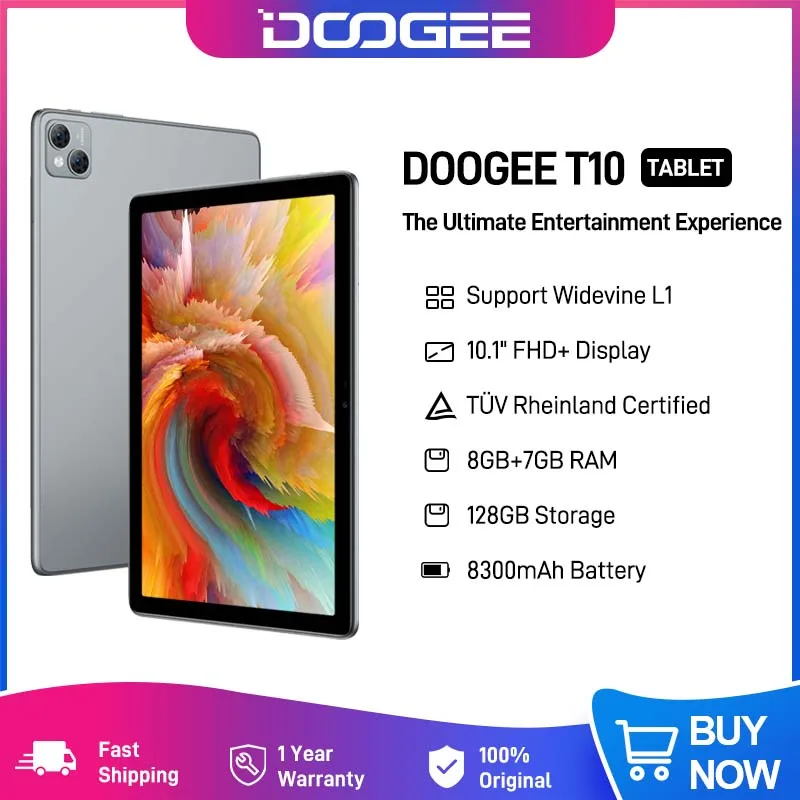 DOOGEE T10 Tablet 10.1 FHD+ TÜV Rheinland Certified Display 8GB+128GB Octa Core Widevine L1 Android 12 Pad 13MP Camera 8300mAh
