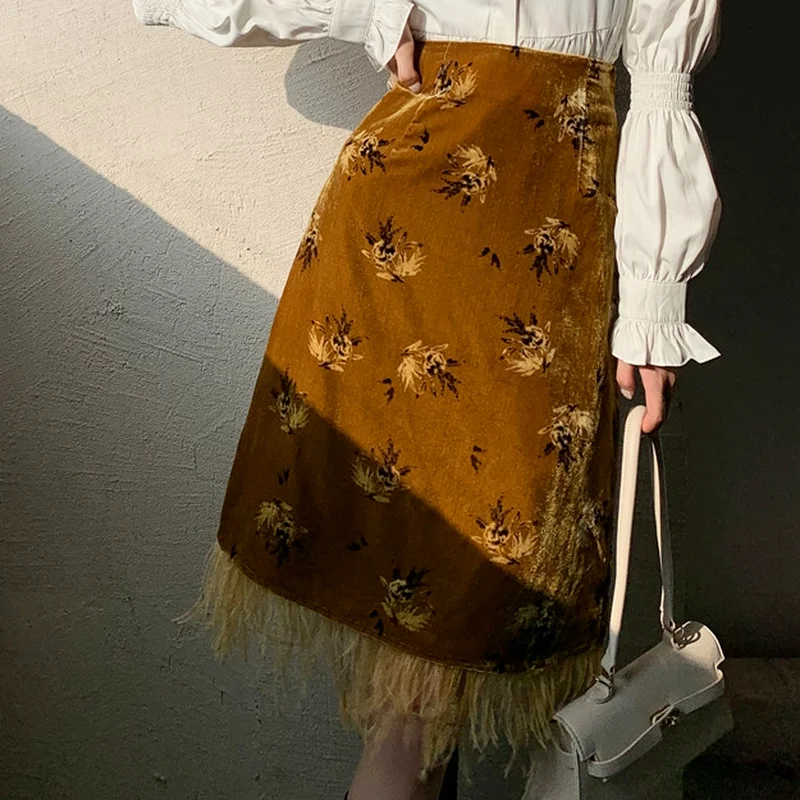 Temperament Lady Flower Embroidery Printing Fringe Stitching Skirt Winter Faldas Mujer Moda Retro Velvet Fashion Elegant Skirt retro elastic waist denim skirt 2022 new leopard print midi skirt temperament pocket jeans skirts oversized big hem saias mujer