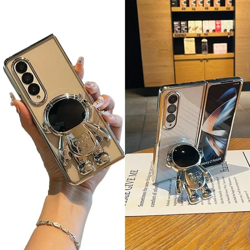 Coque de téléphone transparente électroplaquée astronaute pour Samsung Galaxy Z Fold 6 5 4 3 Fold6 Fold5 Fold4 Fold3 Coque transparente avec béquille_voghion.com
