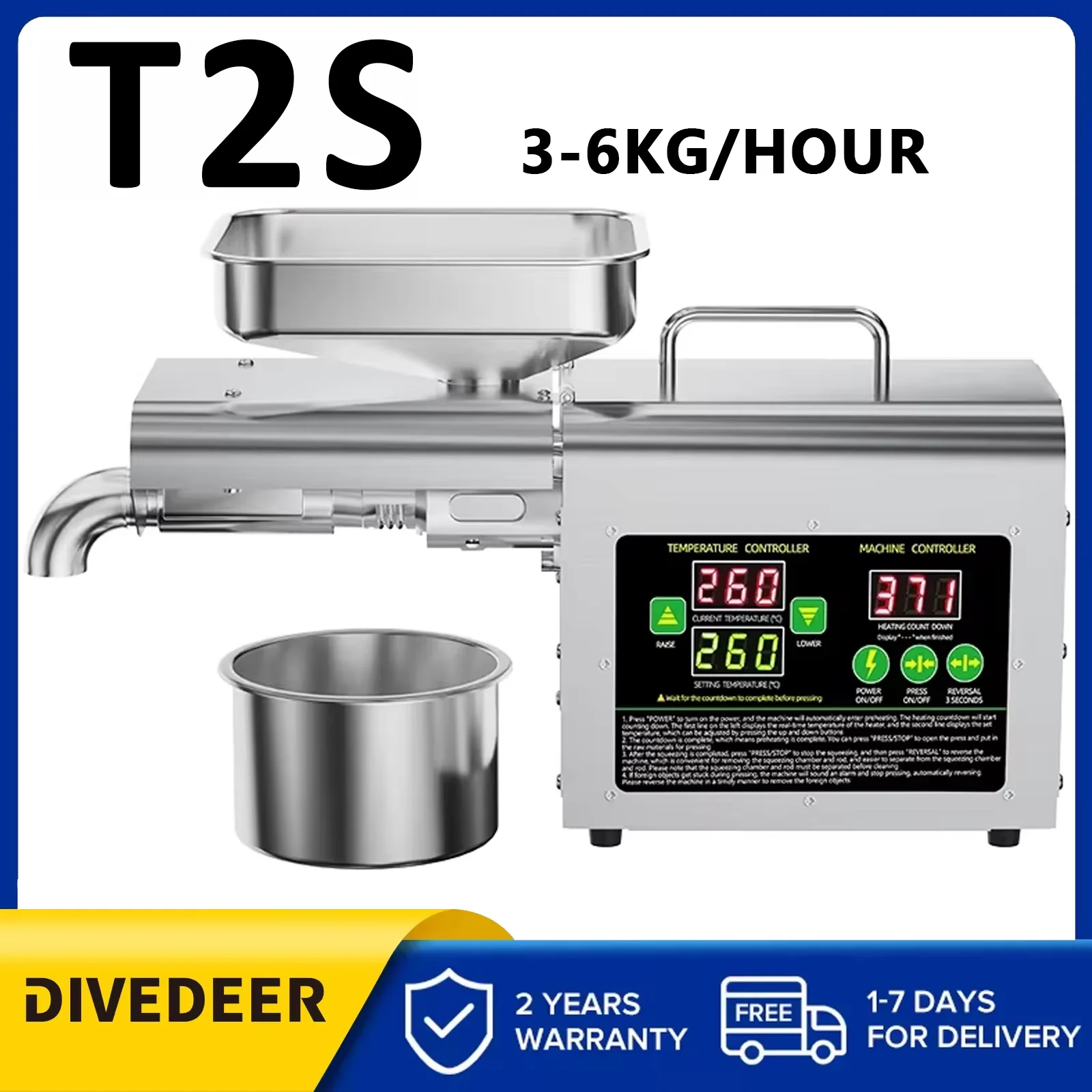 DIVEDEER T2S presse à huile Machine ménage et Commercial haute efficacité multi-fonction économie d'énergie silencieux cacahuète sésame T2S