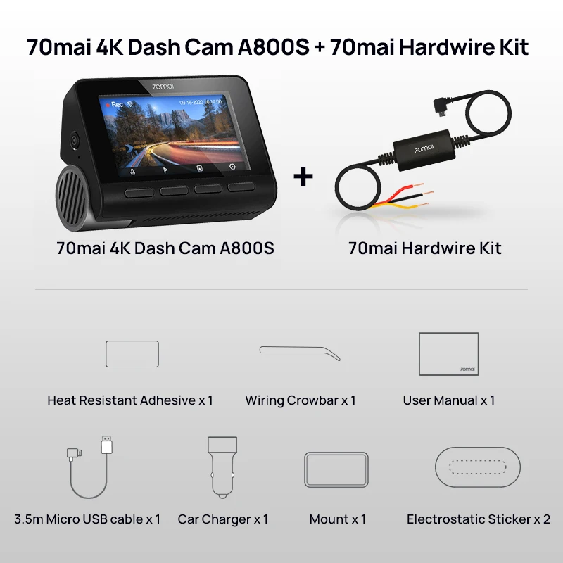 70mai A800S-1 2160P 70mai caméra de tableau de bord avant 4K A800S-1 prise  en charge DVR de voiture arrière ou intérieur caméra de voiture 24H Mode de  stationnement 140FOV GPS - AliExpress