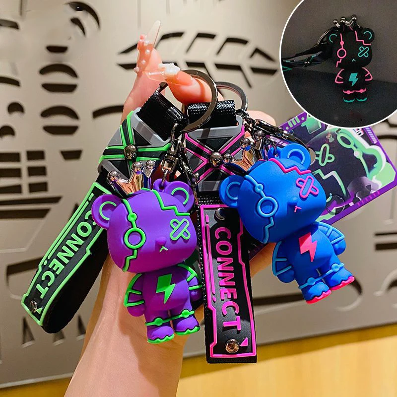 Creative Night Light Lightning Saber Bear Portachiavi Per Auto Cartoon Connect Punk Bear Doll Bag Ciondolo Chiavi Catena Amico Regalo Per Bambini