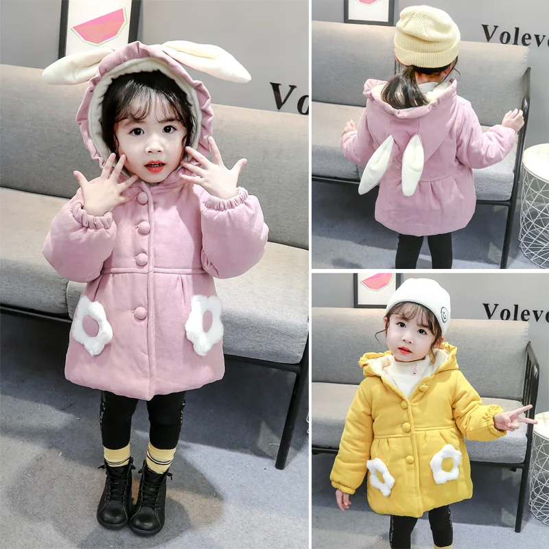 Winter New Baby Girls' Coat with Plush and Thick Hooded Cute Long Ears Windproof Children's Clothing Suitable for 0-3 Years Old