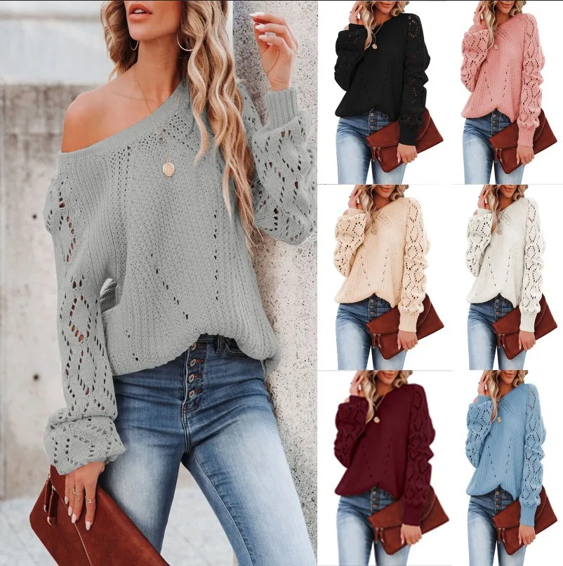 

New Autumn and Winter Sweater Women's Solid Color Loose Top Women's Hollow Pattern Round Neck Sweater Women